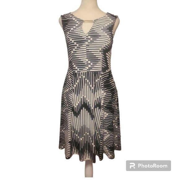 Connected/ Petite 6P/ Black-White/ Chevron Print Skater Stretch Dress - Picture 1 of 6